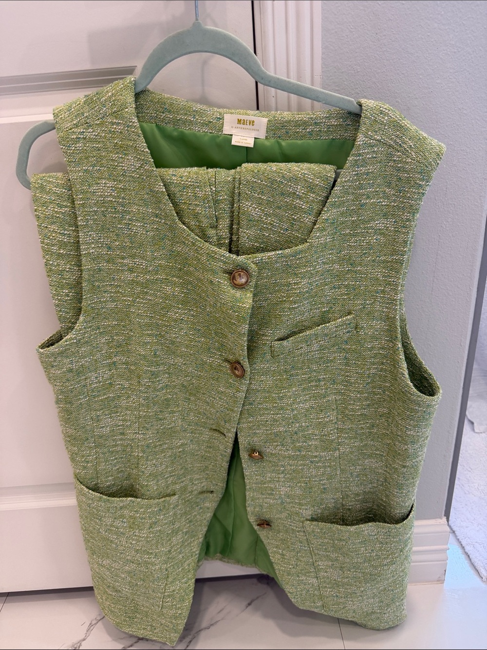 Maeve Light Green Tweed Sleeveless Vestand shorts